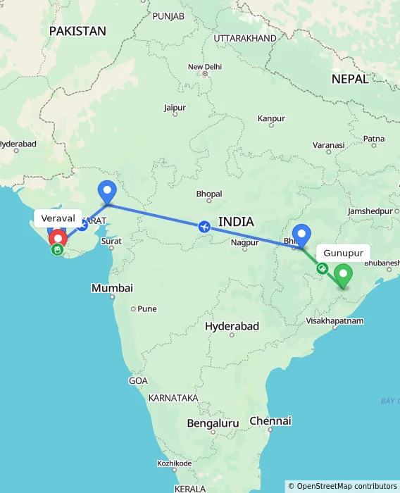 Route map showing distance and travel time from Gunupur, India to Veraval, India