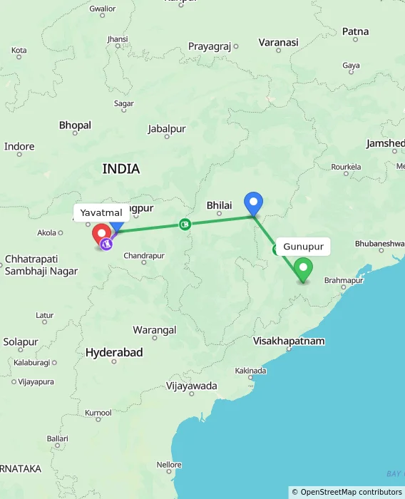 Route map showing distance and travel time from Gunupur, India to Yavatmal, India