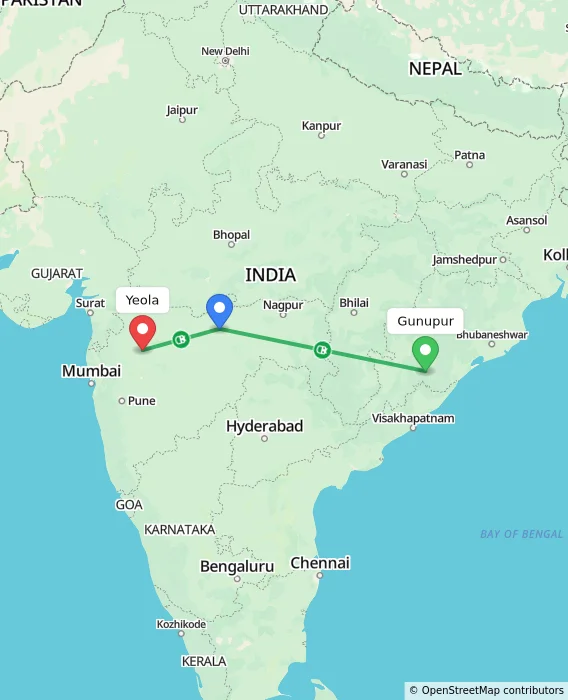 Route map showing distance and travel time from Gunupur, India to Yeola, India