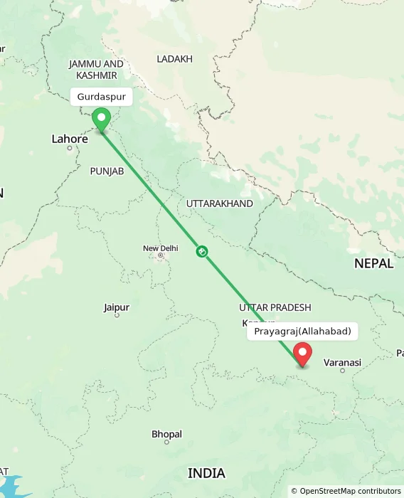 Route map showing distance and travel time from Gurdaspur, India to Allahabad, India