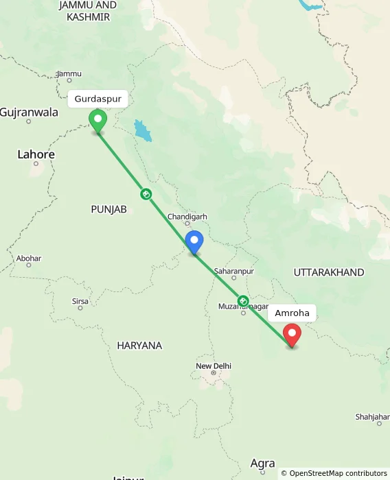 Route map showing distance and travel time from Gurdaspur, India to Amroha, India