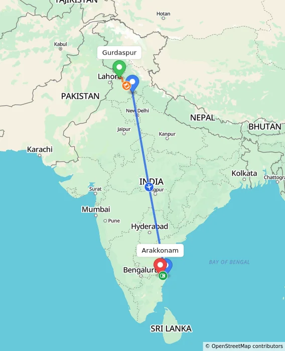 Route map showing distance and travel time from Gurdaspur, India to Arakkonam, India