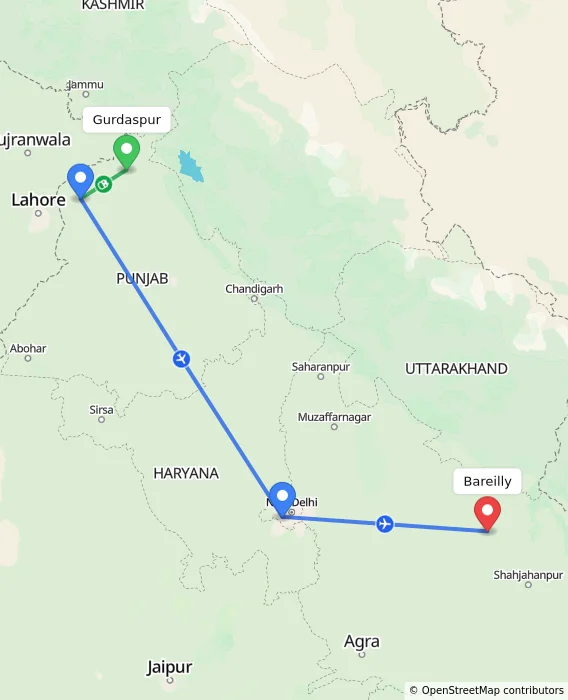 Route map showing distance and travel time from Gurdaspur, India to Bareilly, India