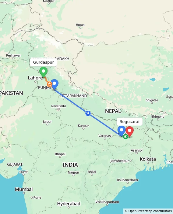 Route map showing distance and travel time from Gurdaspur, India to Begusarai, India
