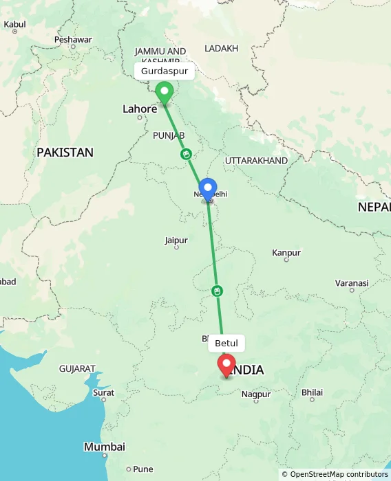 Route map showing distance and travel time from Gurdaspur, India to Betul, India