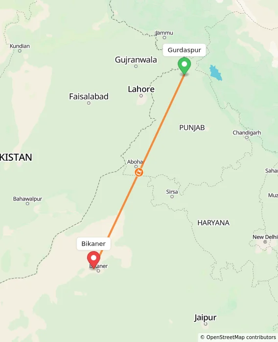 Route map showing distance and travel time from Gurdaspur, India to Bikaner, India
