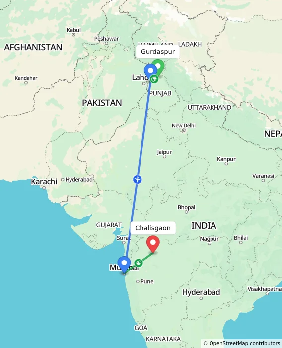 Route map showing distance and travel time from Gurdaspur, India to Chalisgaon, India