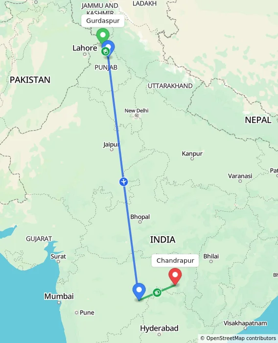 Route map showing distance and travel time from Gurdaspur, India to Chandrapur, India