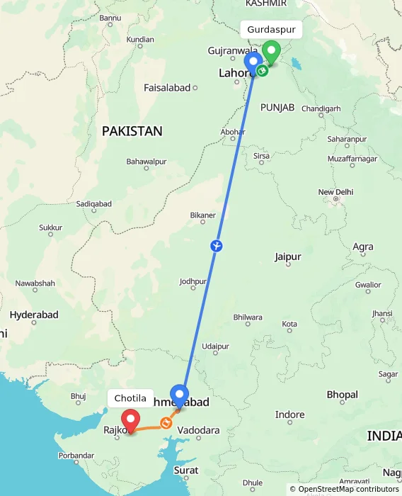 Route map showing distance and travel time from Gurdaspur, India to Chotila, India
