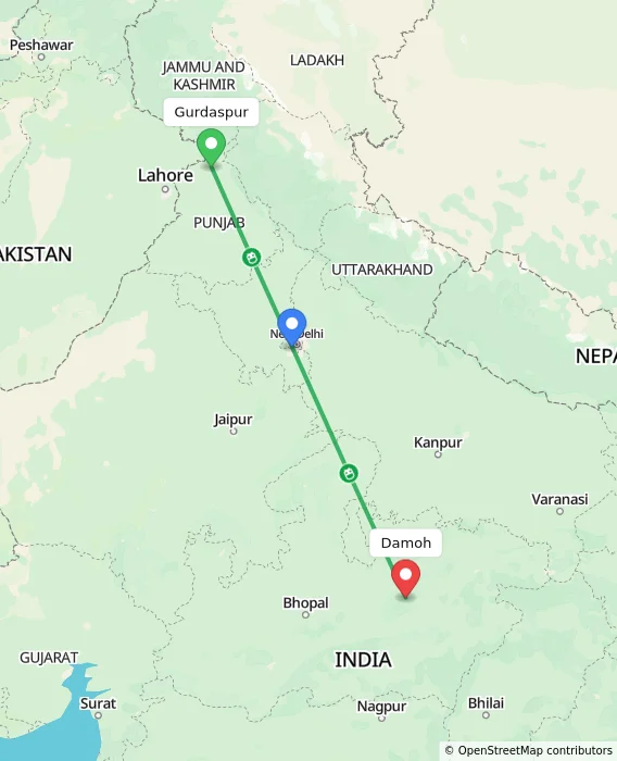Route map showing distance and travel time from Gurdaspur, India to Damoh, India