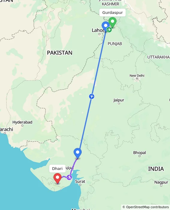Route map showing distance and travel time from Gurdaspur, India to Dhari, India