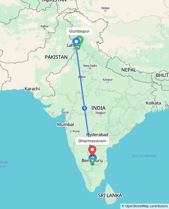 Route map showing distance and travel time from Gurdaspur, India to Dharmavaram, India