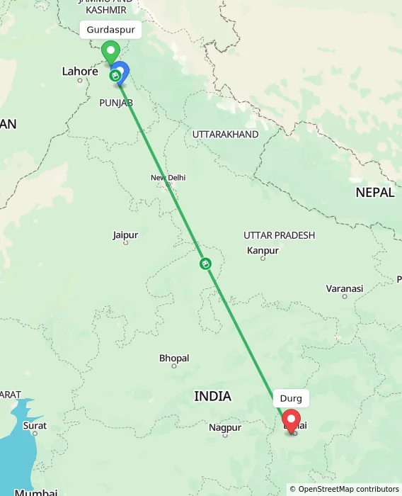 Route map showing distance and travel time from Gurdaspur, India to Durg, India