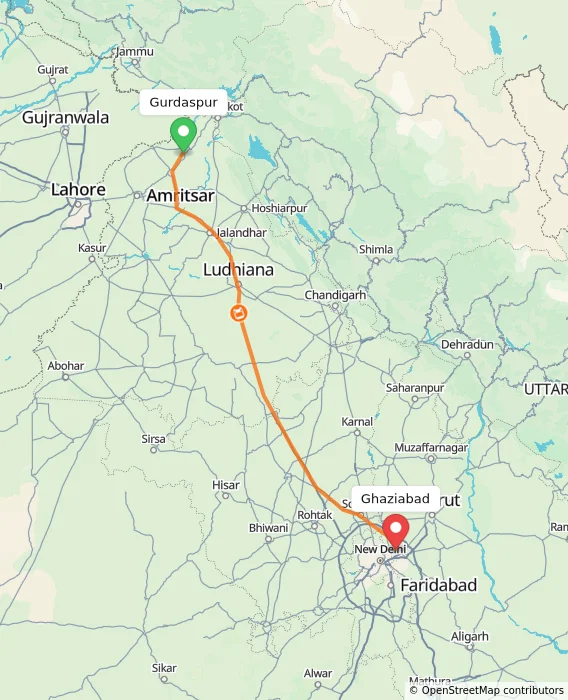 Route map showing distance and travel time from Gurdaspur, India to Ghaziabad, India