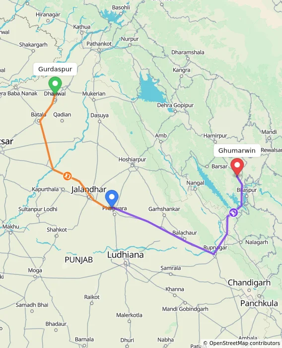 Route map showing distance and travel time from Gurdaspur, India to Ghumarwin, India