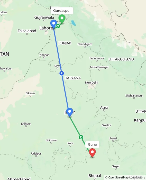 Route map showing distance and travel time from Gurdaspur, India to Guna, India