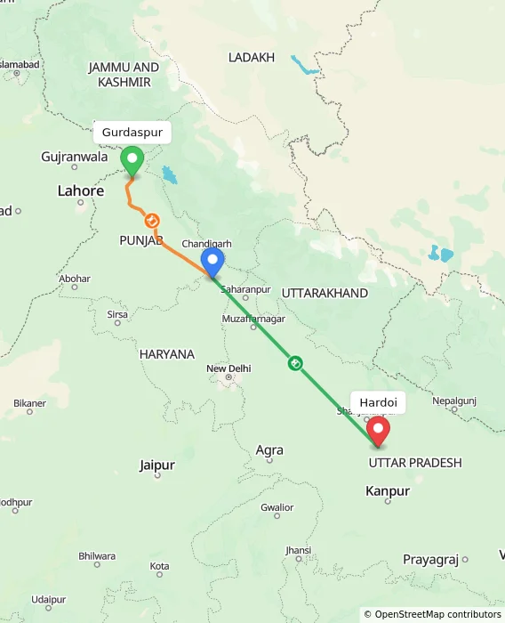 Route map showing distance and travel time from Gurdaspur, India to Hardoi, India