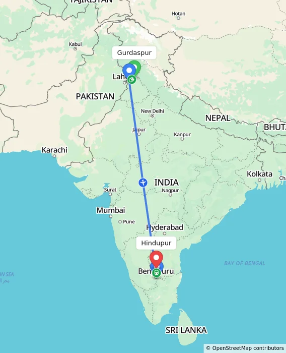 Route map showing distance and travel time from Gurdaspur, India to Hindupur, India