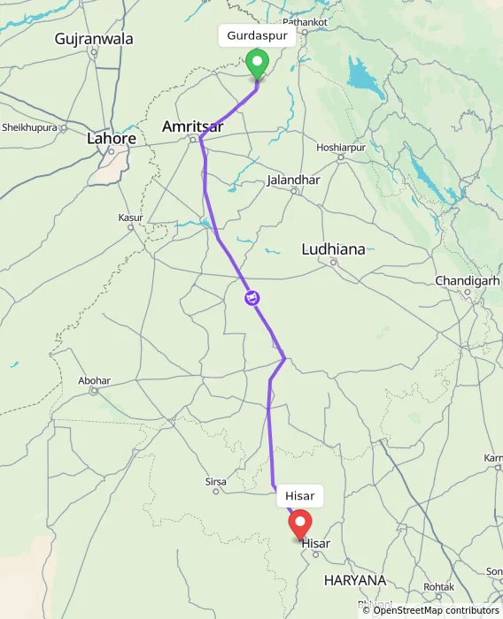Route map showing distance and travel time from Gurdaspur, India to Hisar, India