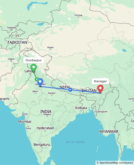 Route map showing distance and travel time from Gurdaspur, India to Itanagar, India