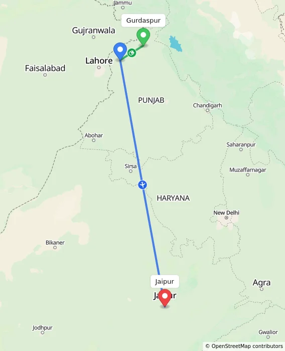 Route map showing distance and travel time from Gurdaspur, India to Jaipur, India