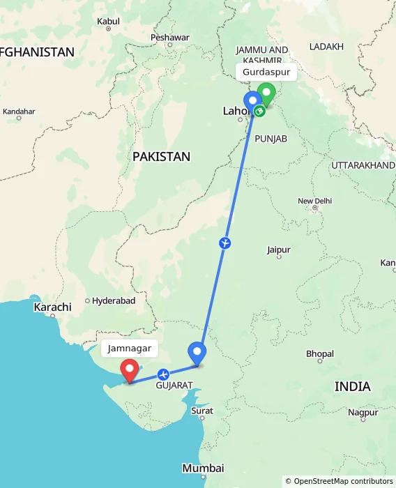 Route map showing distance and travel time from Gurdaspur, India to Jamnagar, India