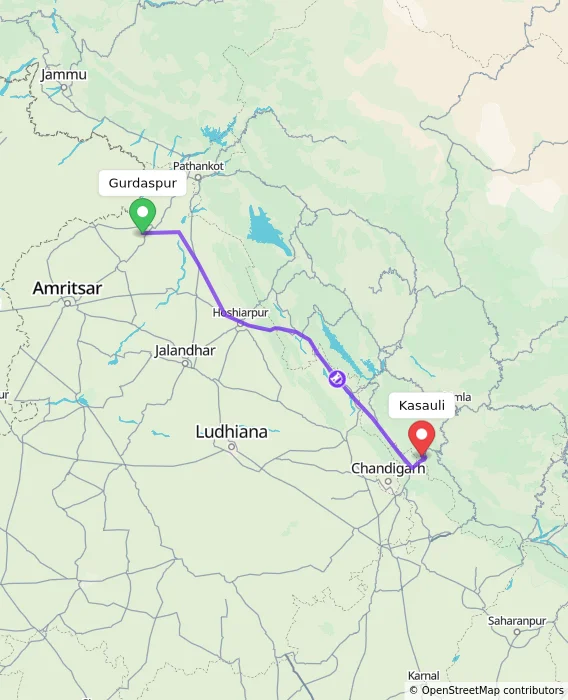 Route map showing distance and travel time from Gurdaspur, India to Kasauli, India