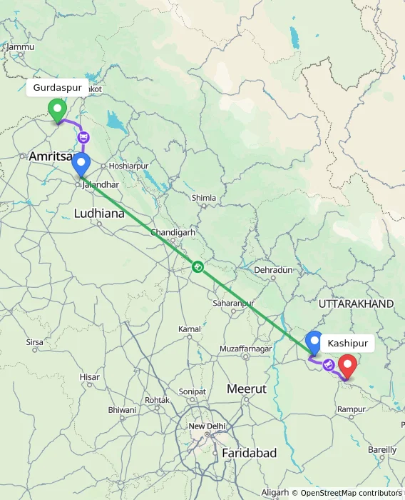 Route map showing distance and travel time from Gurdaspur, India to Kashipur, India