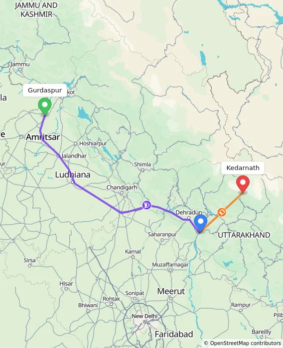 Route map showing distance and travel time from Gurdaspur, India to Kedarnath, India