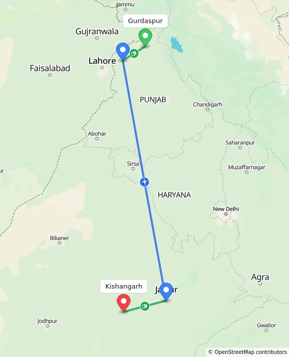 Route map showing distance and travel time from Gurdaspur, India to Kishangarh, India