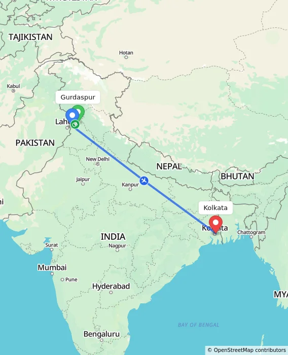 Route map showing distance and travel time from Gurdaspur, India to Kolkata, India