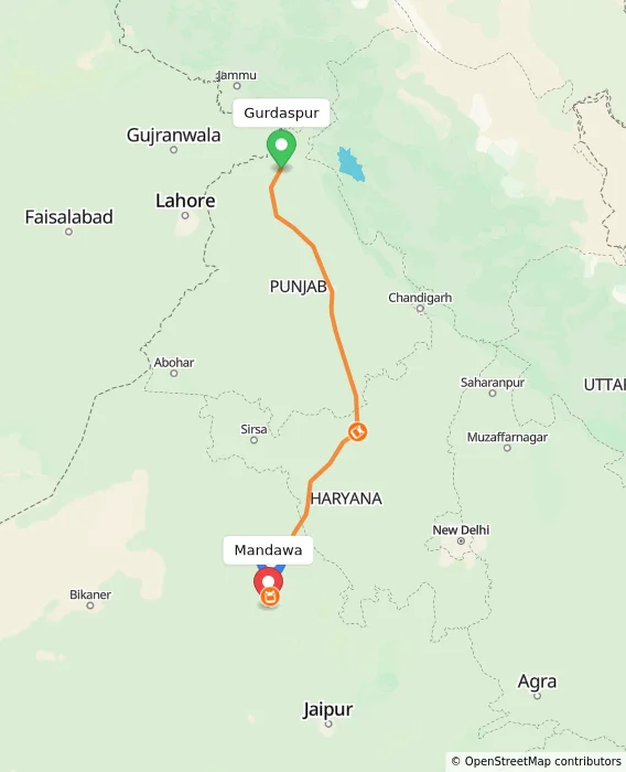 Route map showing distance and travel time from Gurdaspur, India to Mandawa, India