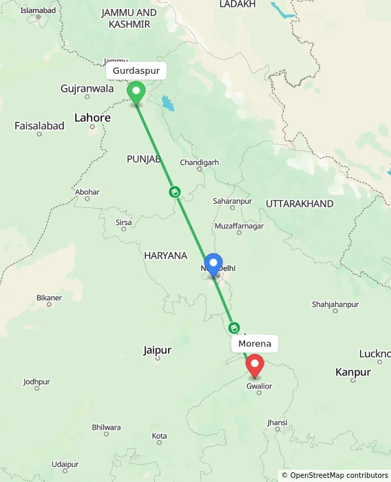 Route map showing distance and travel time from Gurdaspur, India to Morena, India