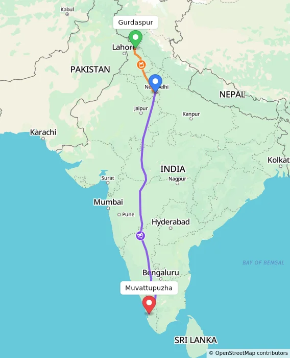 Route map showing distance and travel time from Gurdaspur, India to Muvattupuzha, India