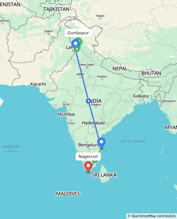 Route map showing distance and travel time from Gurdaspur, India to Nagercoil, India