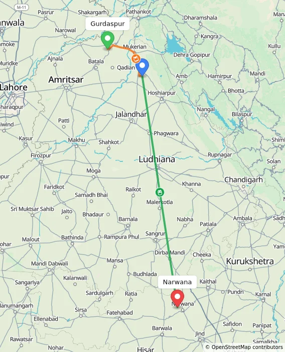 Route map showing distance and travel time from Gurdaspur, India to Narwana, India