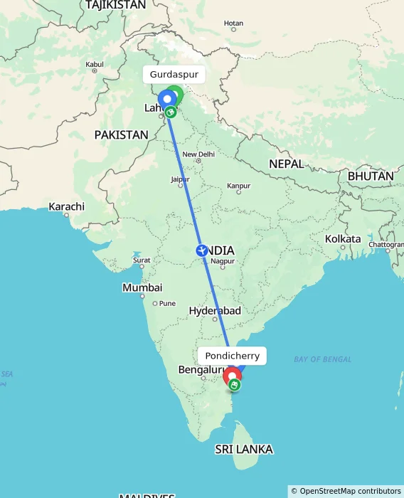 Route map showing distance and travel time from Gurdaspur, India to Pondicherry, India