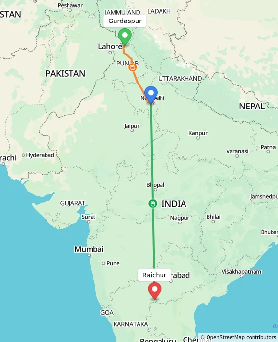 Route map showing distance and travel time from Gurdaspur, India to Raichur, India