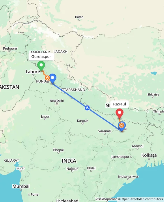 Route map showing distance and travel time from Gurdaspur, India to Raxaul, India
