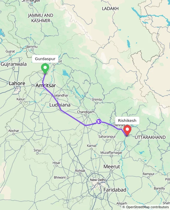 Route map showing distance and travel time from Gurdaspur, India to Rishikesh, India