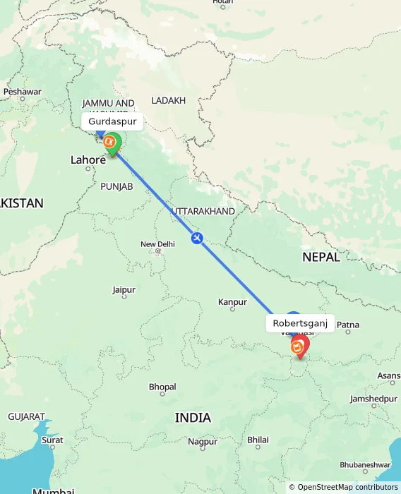 Route map showing distance and travel time from Gurdaspur, India to Robertsganj, India