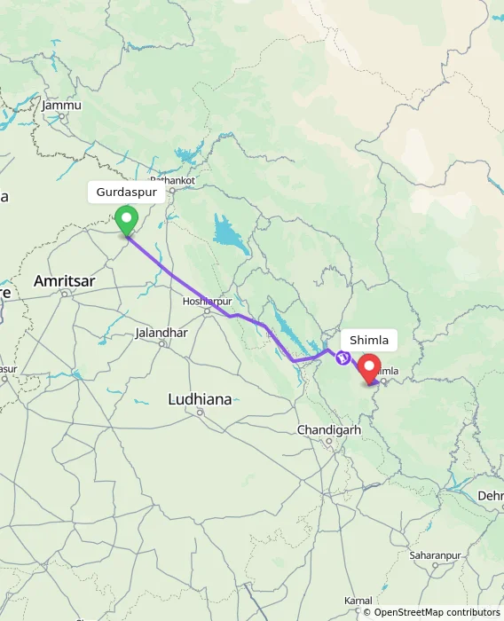 Route map showing distance and travel time from Gurdaspur, India to Shimla, India