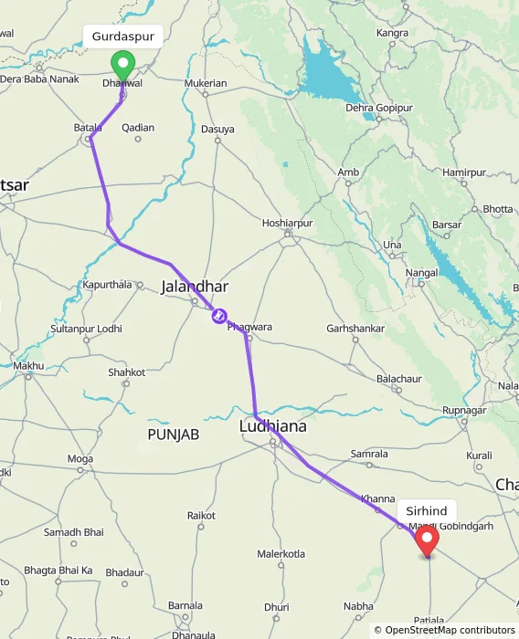 Route map showing distance and travel time from Gurdaspur, India to Sirhind, India