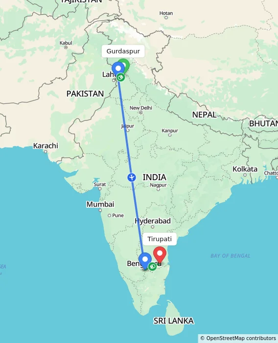 Route map showing distance and travel time from Gurdaspur, India to Tirupati, India