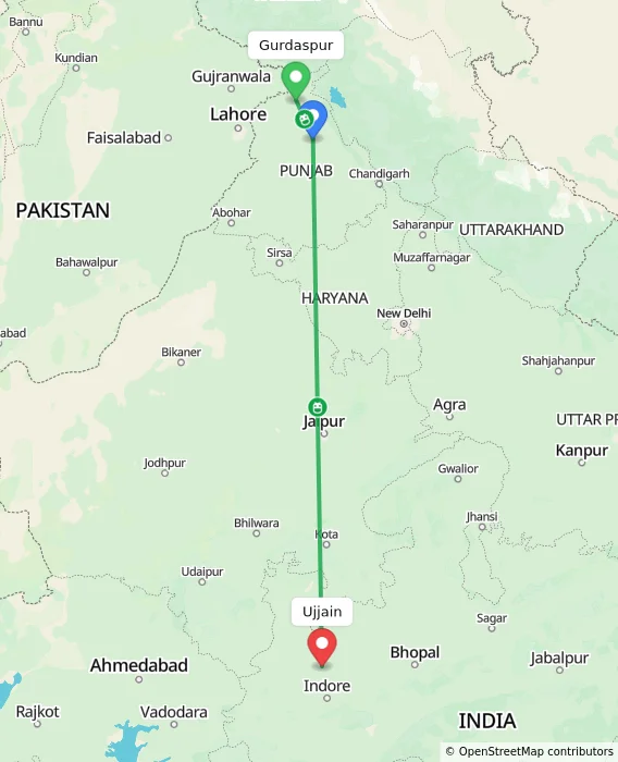 Route map showing distance and travel time from Gurdaspur, India to Ujjain, India
