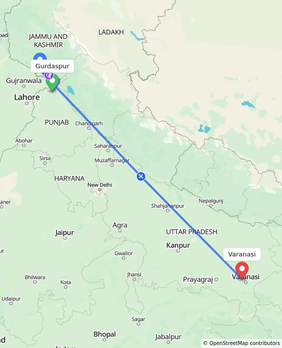 Route map showing distance and travel time from Gurdaspur, India to Varanasi, India