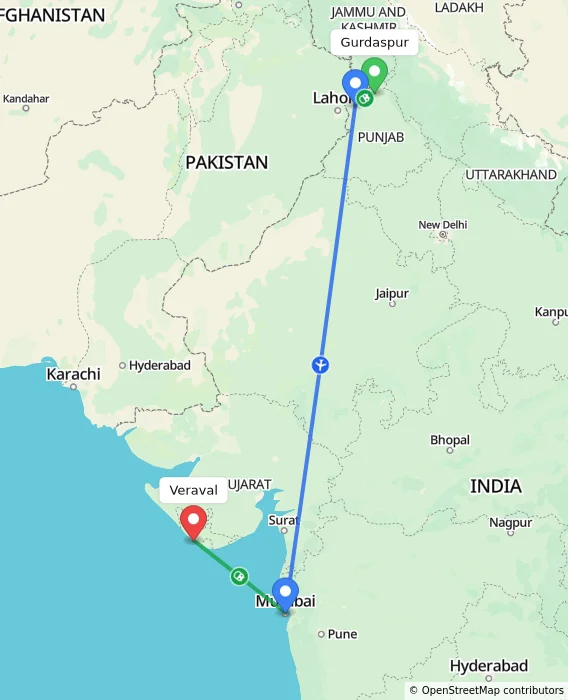 Route map showing distance and travel time from Gurdaspur, India to Veraval, India