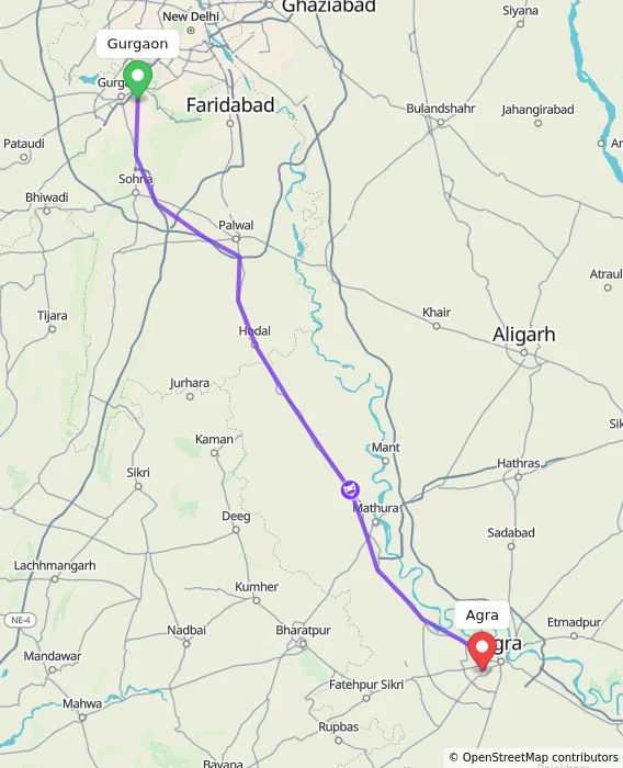 Route map showing distance and travel time from Gurgaon, India to Agra, India