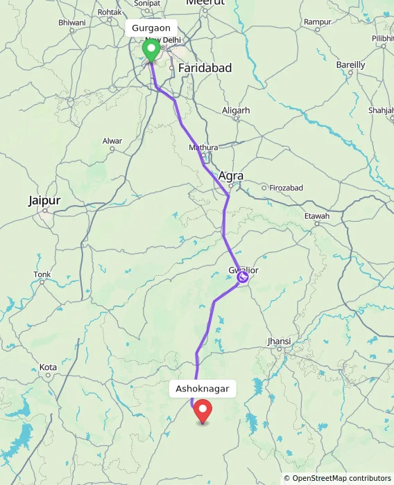 Route map showing distance and travel time from Gurgaon, India to Ashoknagar, India