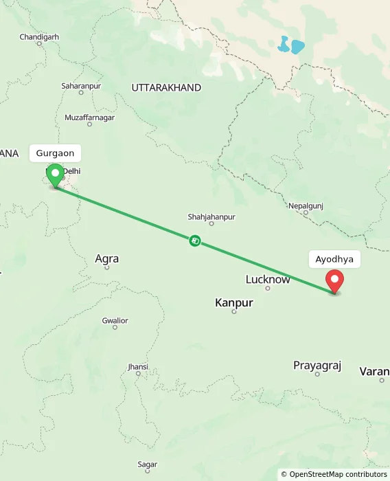 Route map showing distance and travel time from Gurgaon, India to Ayodhya, India